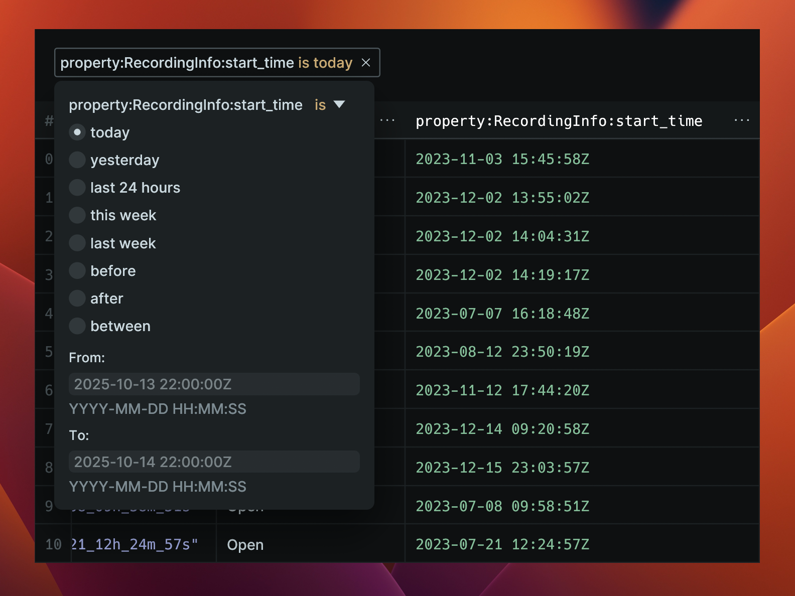 Table filtering example in Rerun
